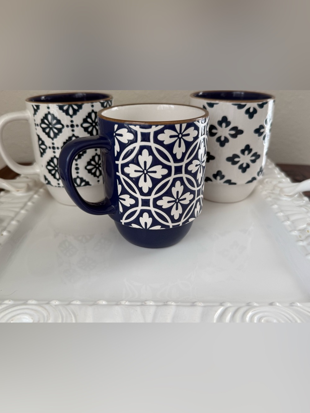 Boston Warehouse Set of 3 Blue White Patterned Coffee Mugs